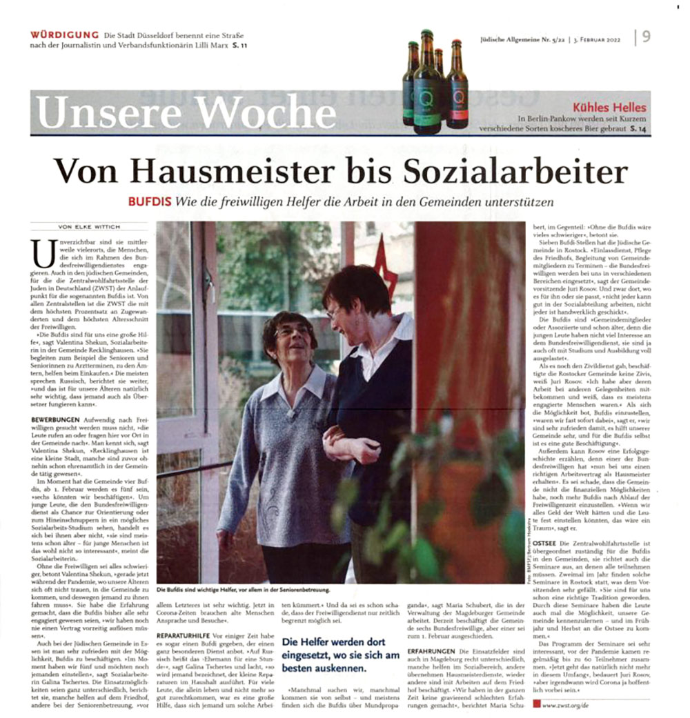 Jüdische Allgemeine Wochenzeitung, 03.02.22, S.9, Elke Wittich Von Hausmeister bis Sozialarbeiter