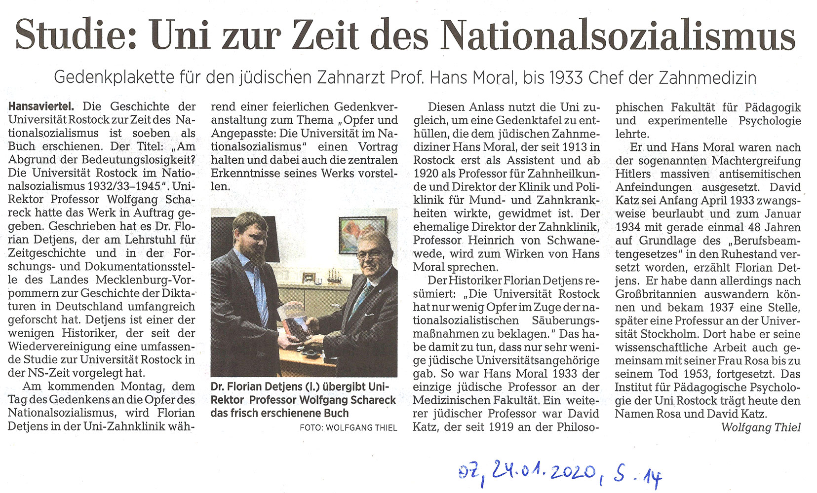 OZ, 24.01.2020, S.14, Studie: Uni zur Zeit des Nationalsozialismus. Gedenkplakette für den jüdischen Zahnarzt Prof. Hans Moral, Autor Wolfgang Thiel