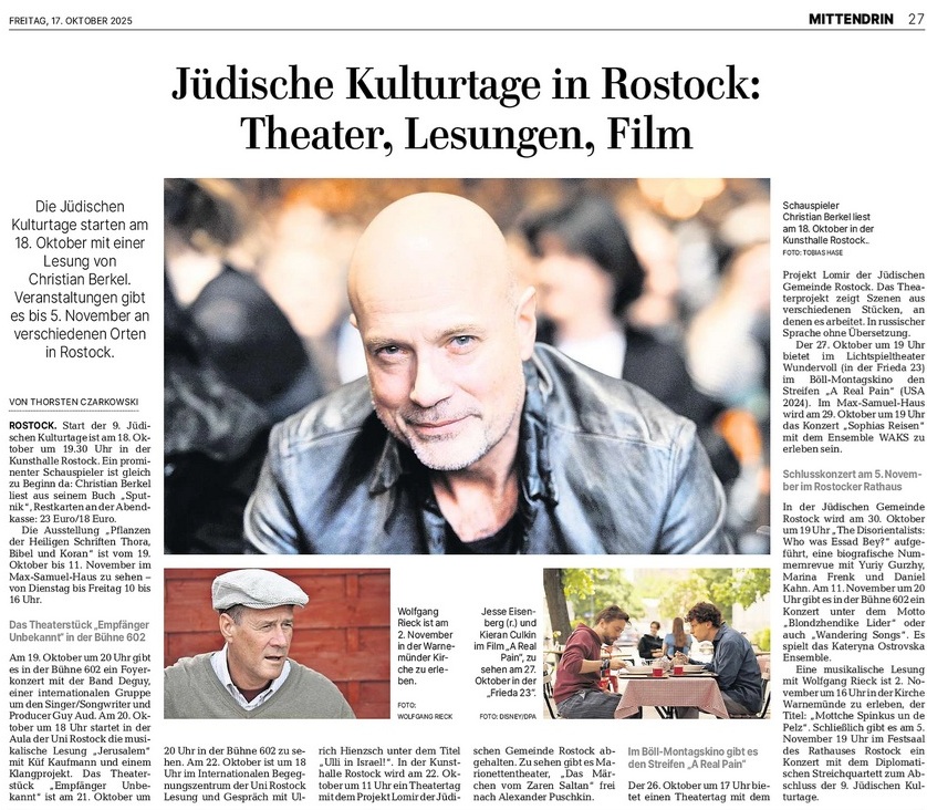 OZ, 17.10.25, S.27, Jüdische Kulturtage in Rostock, Thorsten Czarkowski